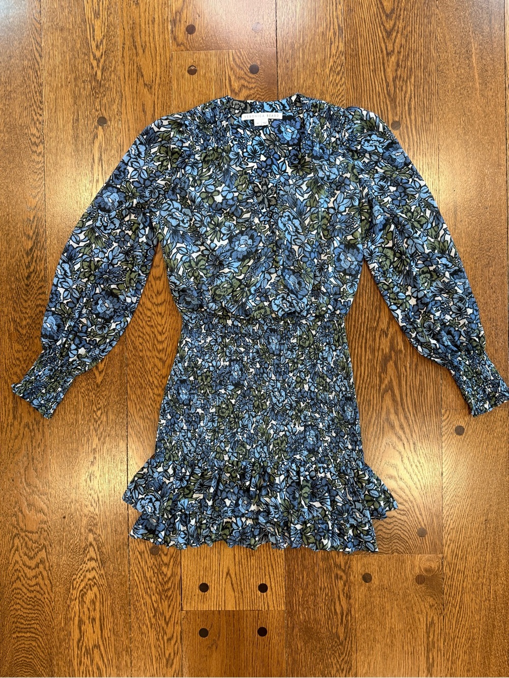Veronica Beard Floral Smocked Ruffle Mini Dress Blue Green Size 00